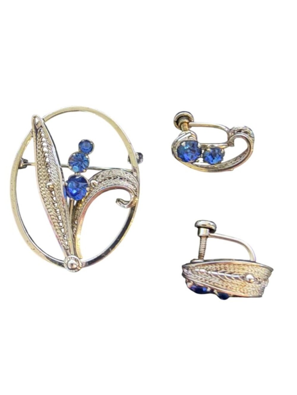 Vintage signed Van Dell Sterling Silver Brooch & Earrings Set Blue Rhinestones